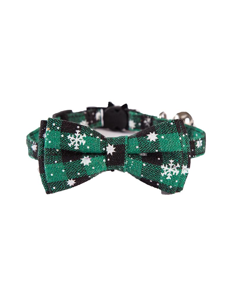 

Christmas Plaid Snowflake Pattern Bowknot Pet Collar, Green