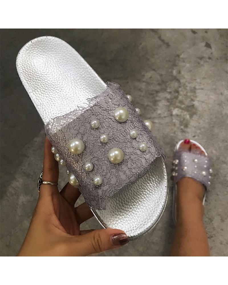 

Beaded Lace Contrast Flat Sandals, Silver