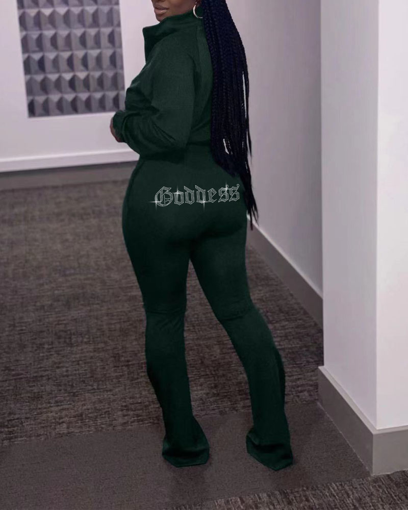 

Long Sleeve Zip Up Coat & Rhinestone Bootcut Pants Set, Green