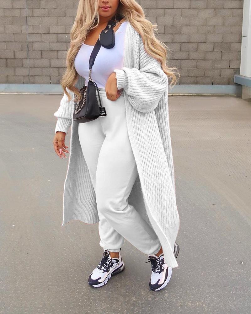 

Lantern Sleeve Open Front Chunky Knit Longline Cardigan, White