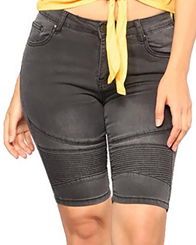 

Single Button High Waist Ruched Denim Shorts, Black