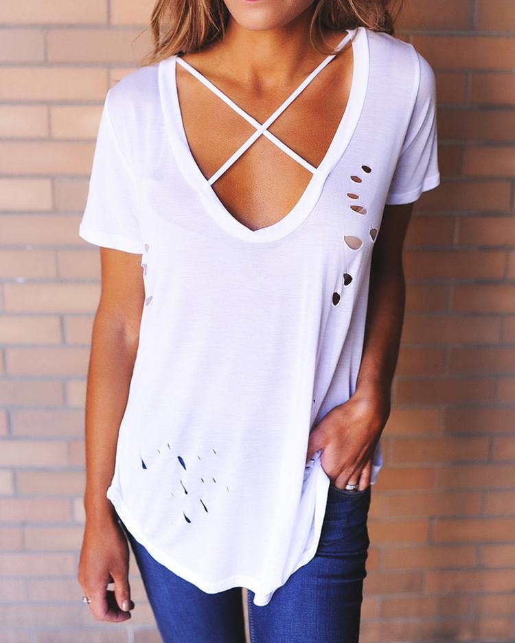 

Stylish Criss Cross Cut Out T-shirt, Pink