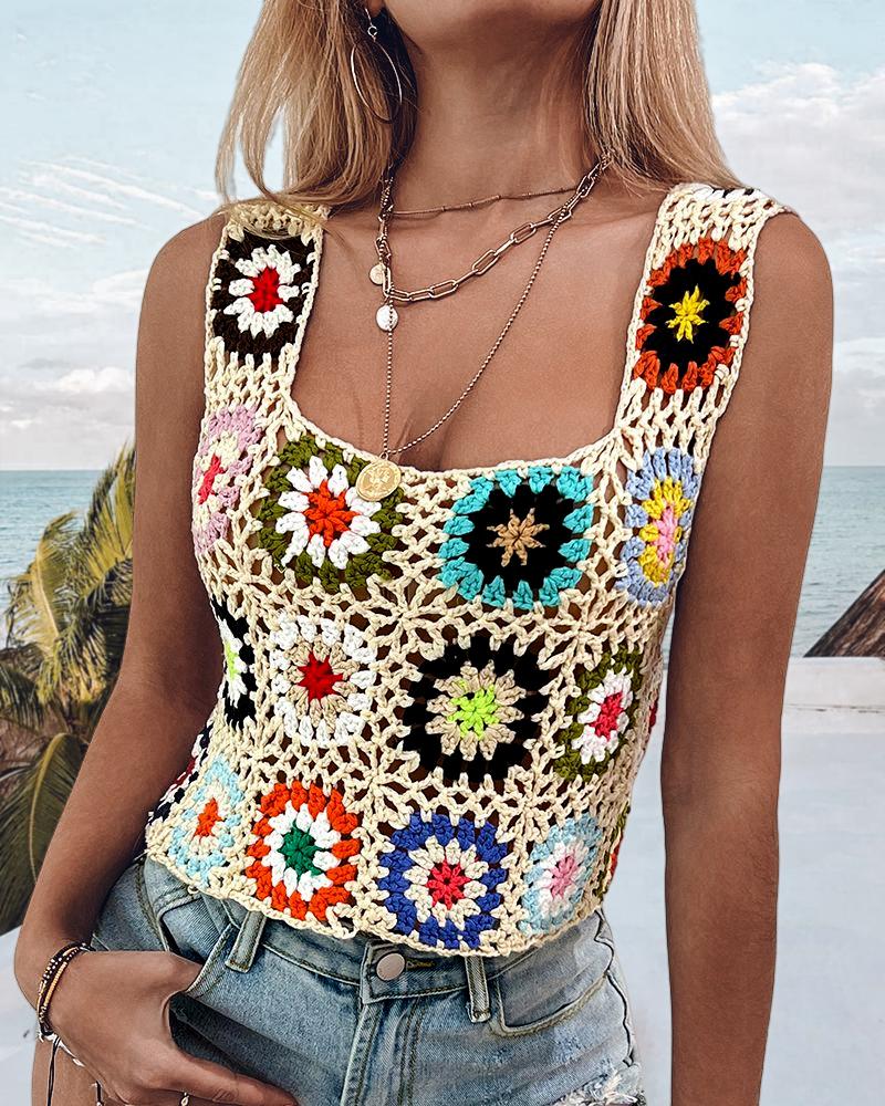 

Random Color Scarf Pattern Hollow Out Crochet Cover Up Beach Crop Top, Apricot