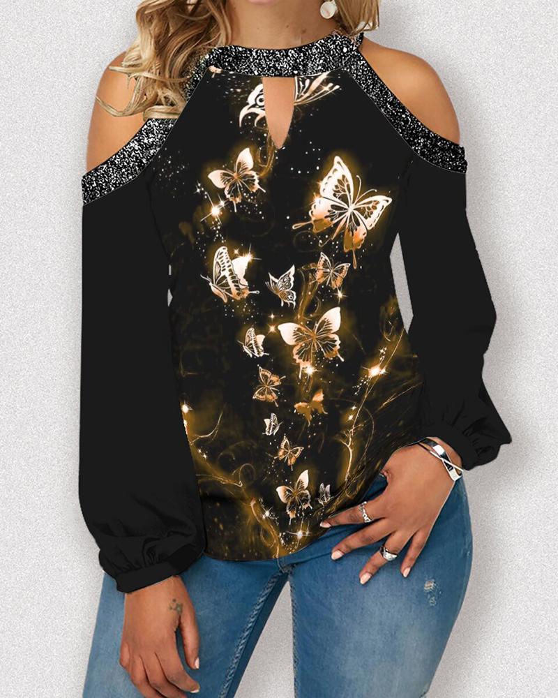 

Cold Shoulder Butterfly Print Top, Orange