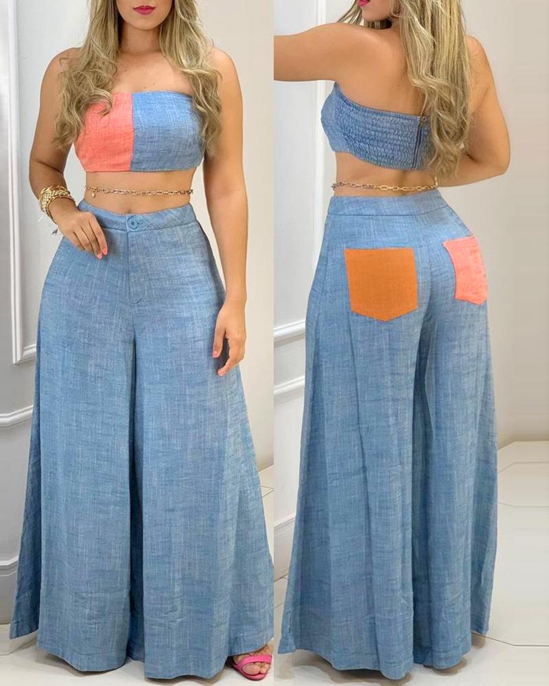 

Colorblock Bandeau Shirring Top & Wide Leg Pants Set, Pink