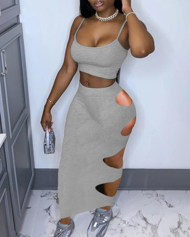 

Spaghetti Strap Crop Top & Cutout Maxi Skirt Set, Gray