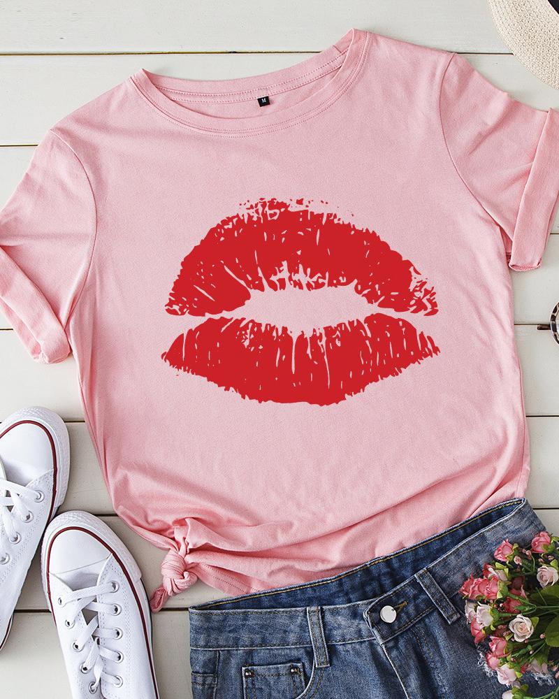 

Lip Print Short Sleeve Casual T-shirt, Pink