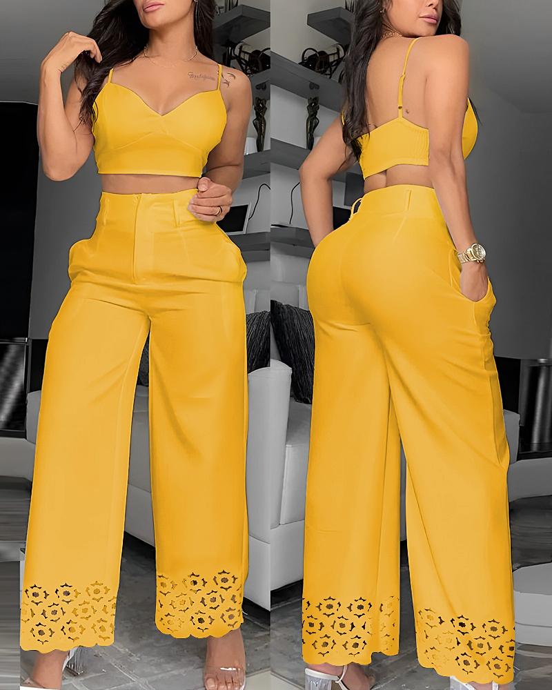 

Cami Crop Top & Hollow Out Wide Leg Pants Set, Yellow