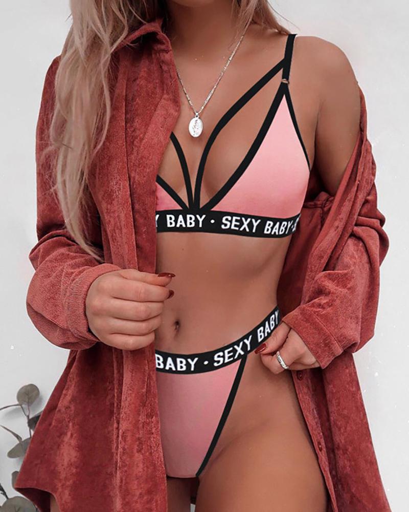 

Letter Trim V-Neck Cutout Lingerie Set, Pink