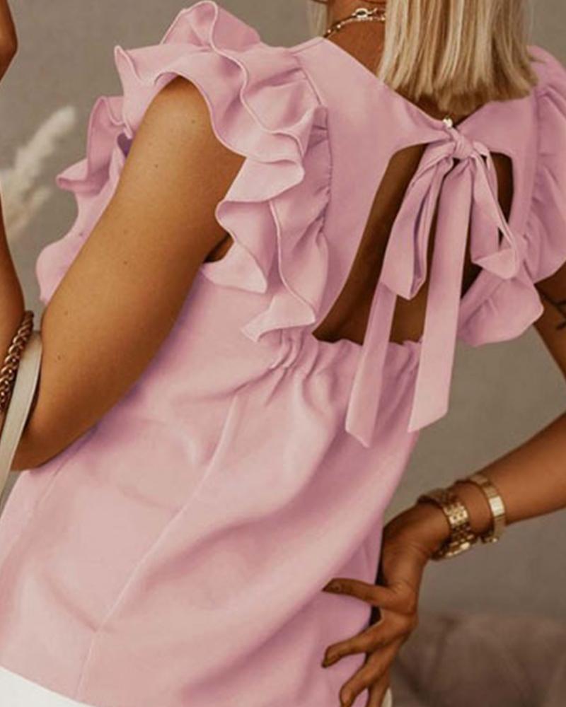 

Solid Ruffles Short Sleeve Loose Tanks, Pink