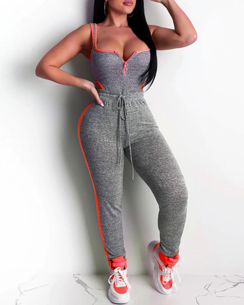 

Thin Strap Contrast Binding V Cut Tank & Drawstring Pants Sets, Orange