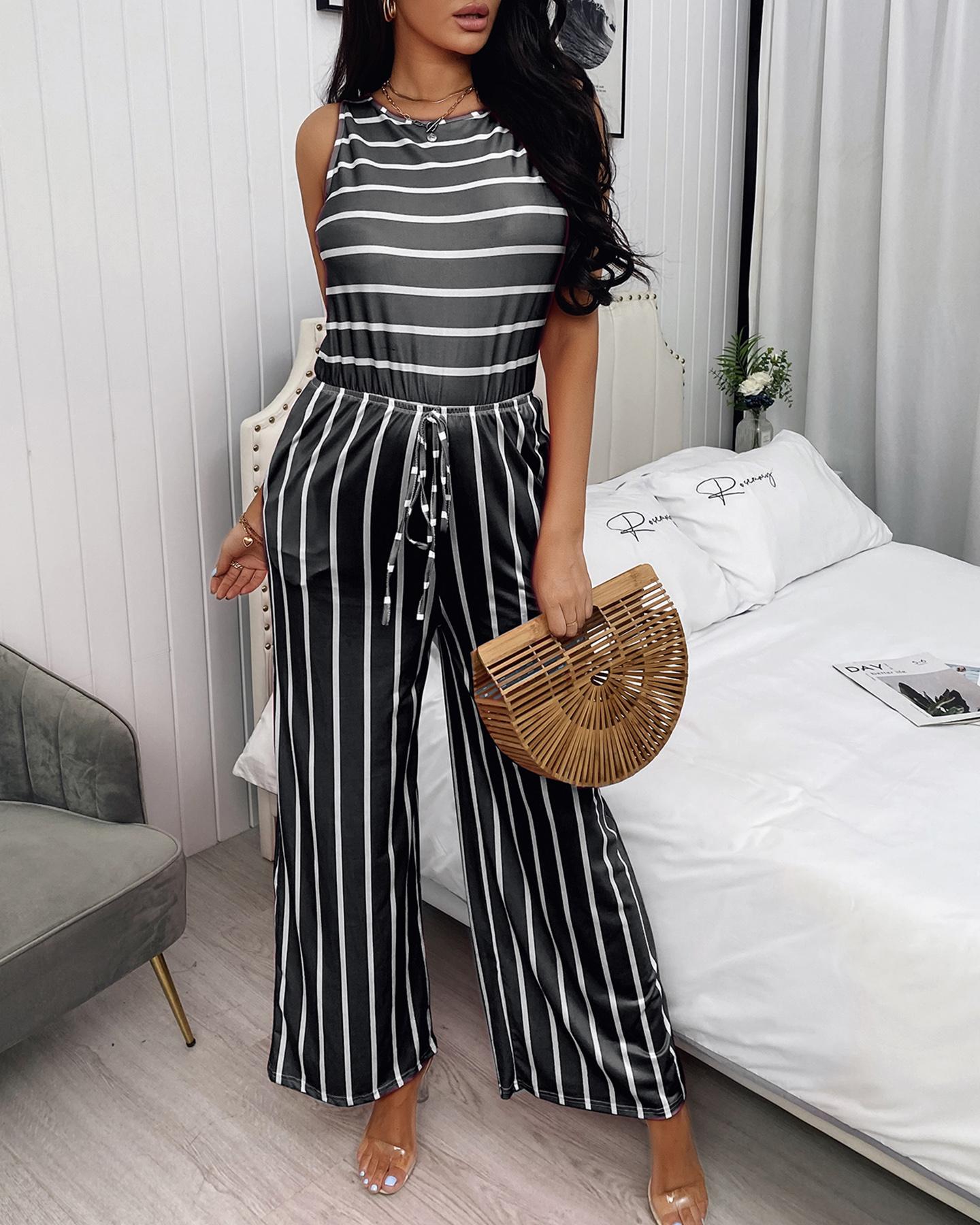 

Striped Print Sleeveless Wide Leg Jumpsuit, Black