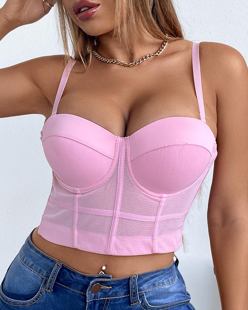 

Sheer Mesh V-Neck Spaghetti Strap Corset Crop Top, Pink