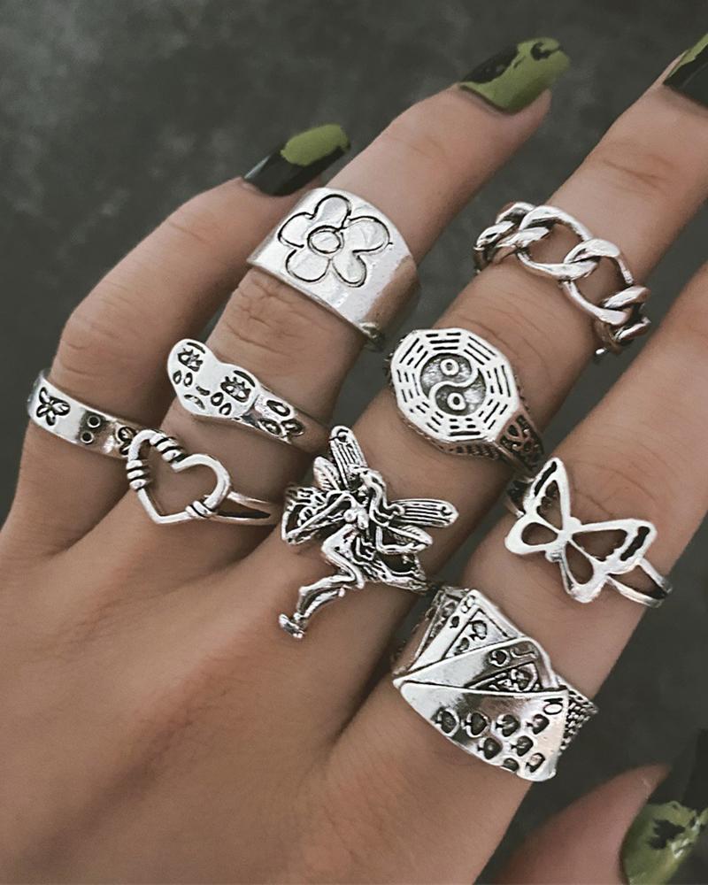 

9pcs Hollow Out Butterfly Heart Geometric Stackable Rings Set, Silver