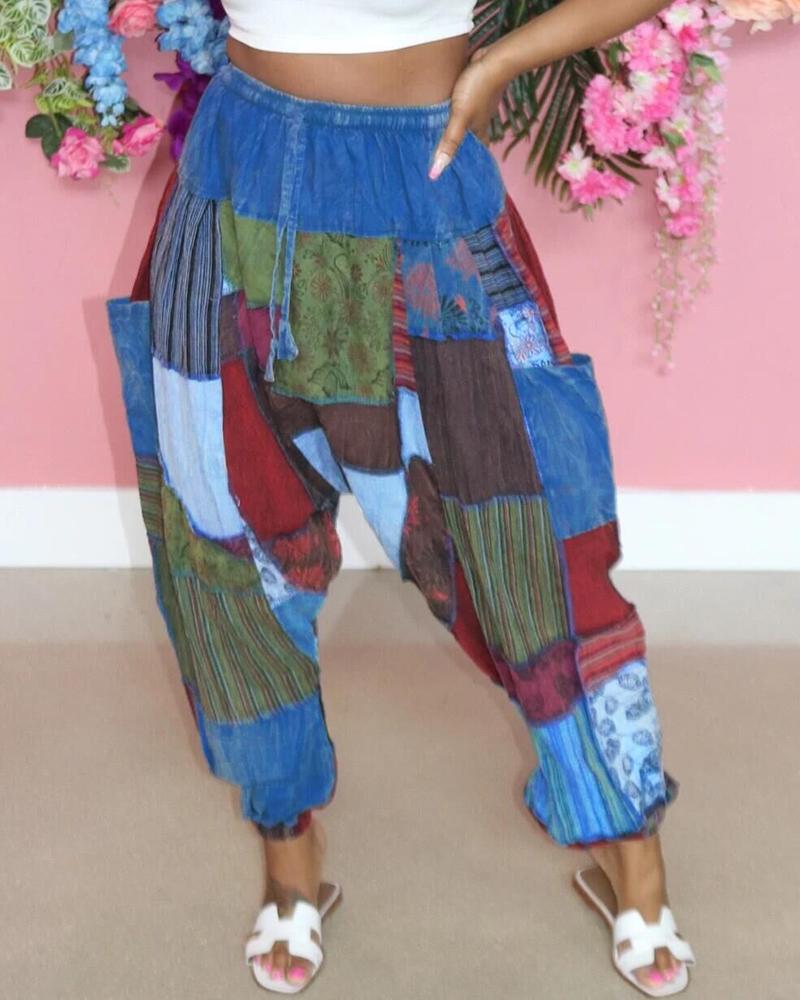 

Colorblock High Waist Pocket Design Cuffed Pants, Dark blue
