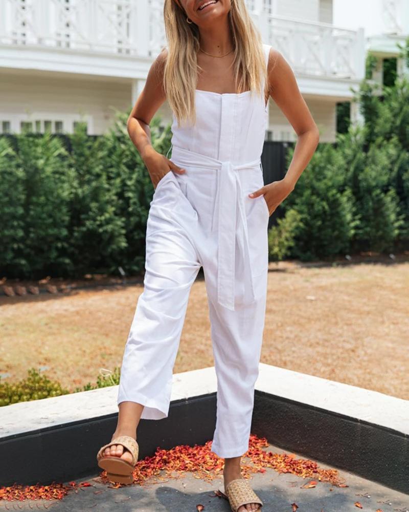 

Solid Thick Strap Knotted Casual Jumpsuit, White