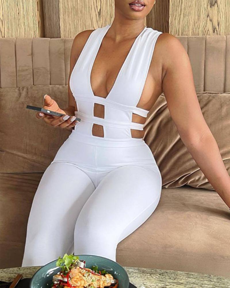 

Plunging Neck Cutout Sleeveless Jumpsuit, White