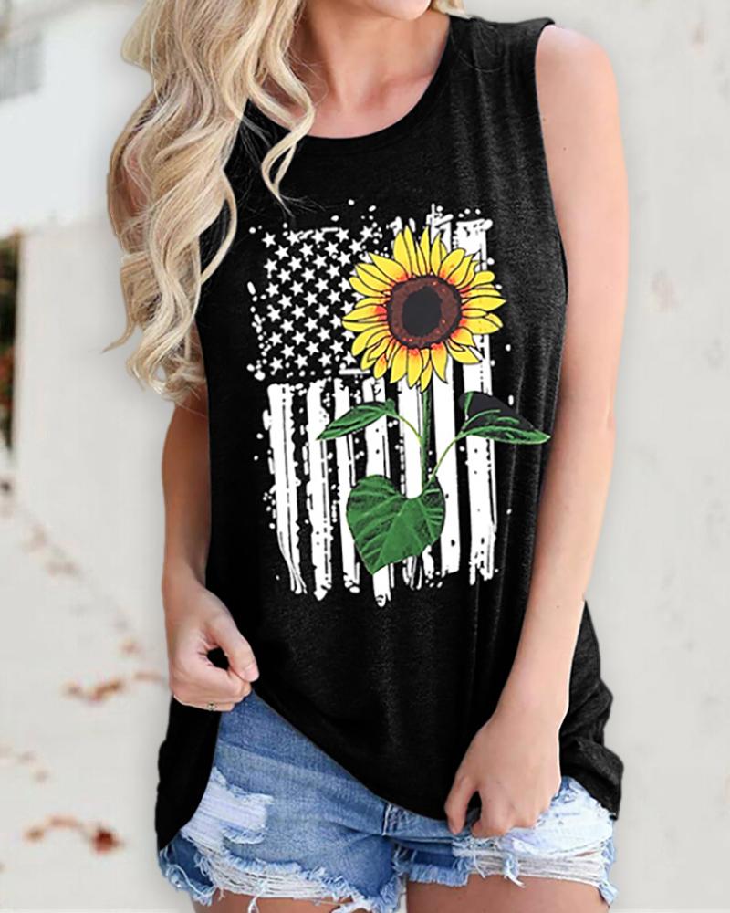 

Sunflower Flag Print Casual Tank Top, Black