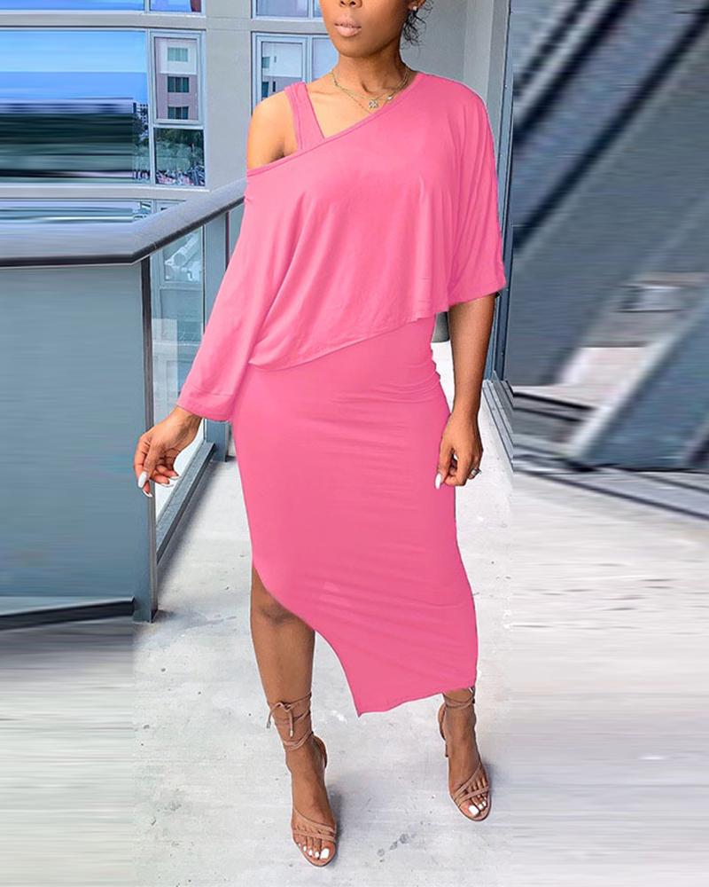 

Solid Short Sleeve Loose One Shoulder T-shirts With Sleeveless Midi Dress Suit Sets, Pink