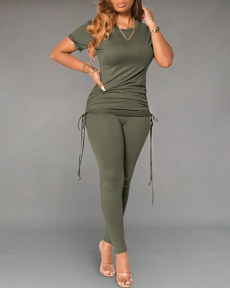 

Drawstring Short Sleeve Top & Pants Set, Green