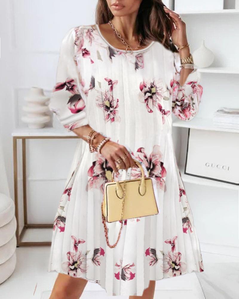 

Floral Print Puff Sleeve Pleated Casual Dress, White