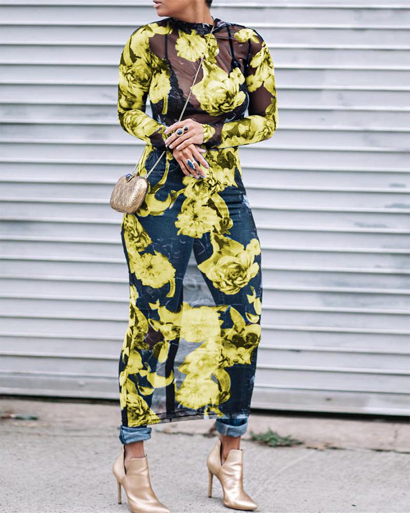 

O-Neck Sheer Mesh Floral Print Bodycon Dress, Yellow