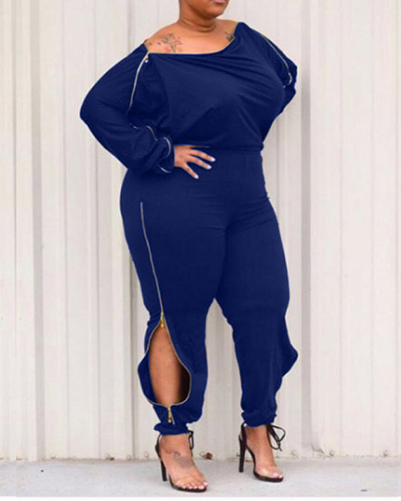 

Plus Size Zip Detail Off Shoulder Jumpsuit, Blue