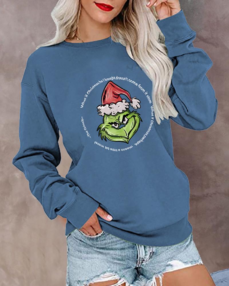 

Christmas Grinches Letter Print O-Neck Top, Blue