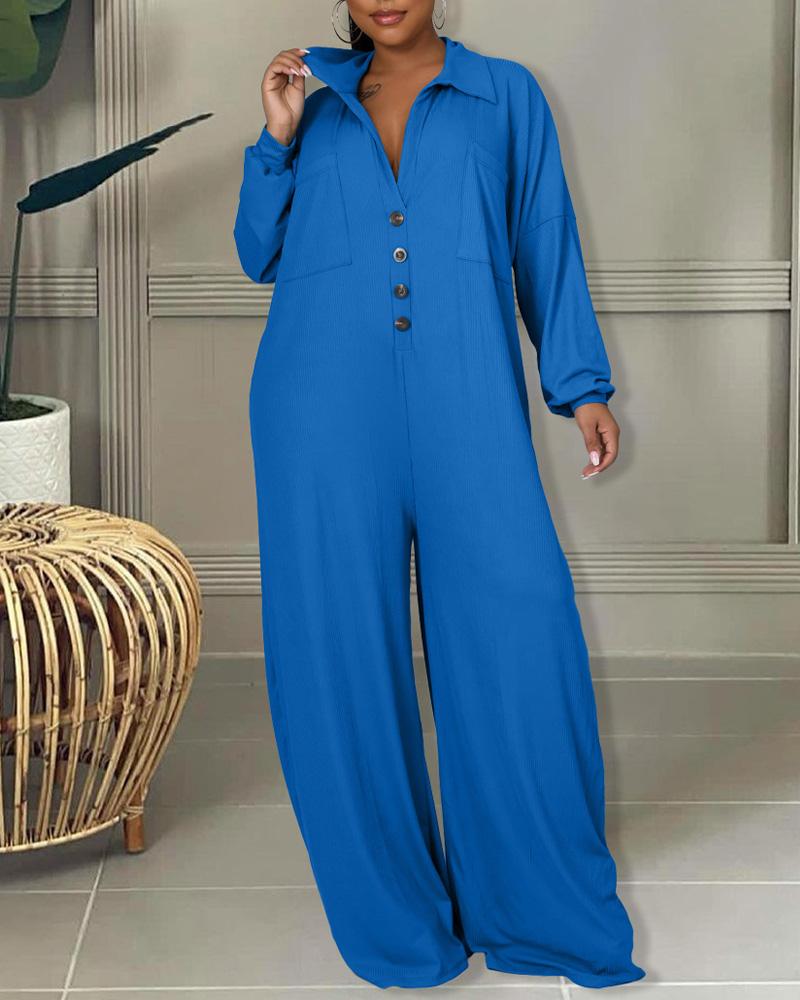 

Long Sleeve Pocket Design Wide Leg Jumpsuit, Blue