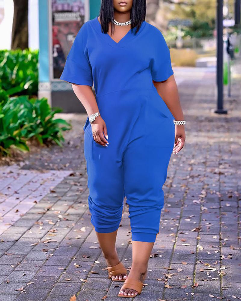 

Pocket Design Plain Short Sleeve Jumpsuit, Blue