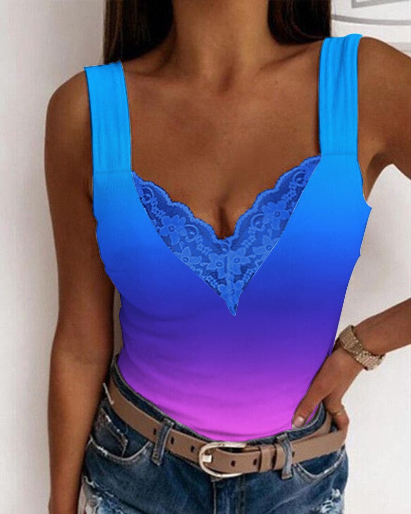 

Ombre Contrast Lace Tank Top, Blue