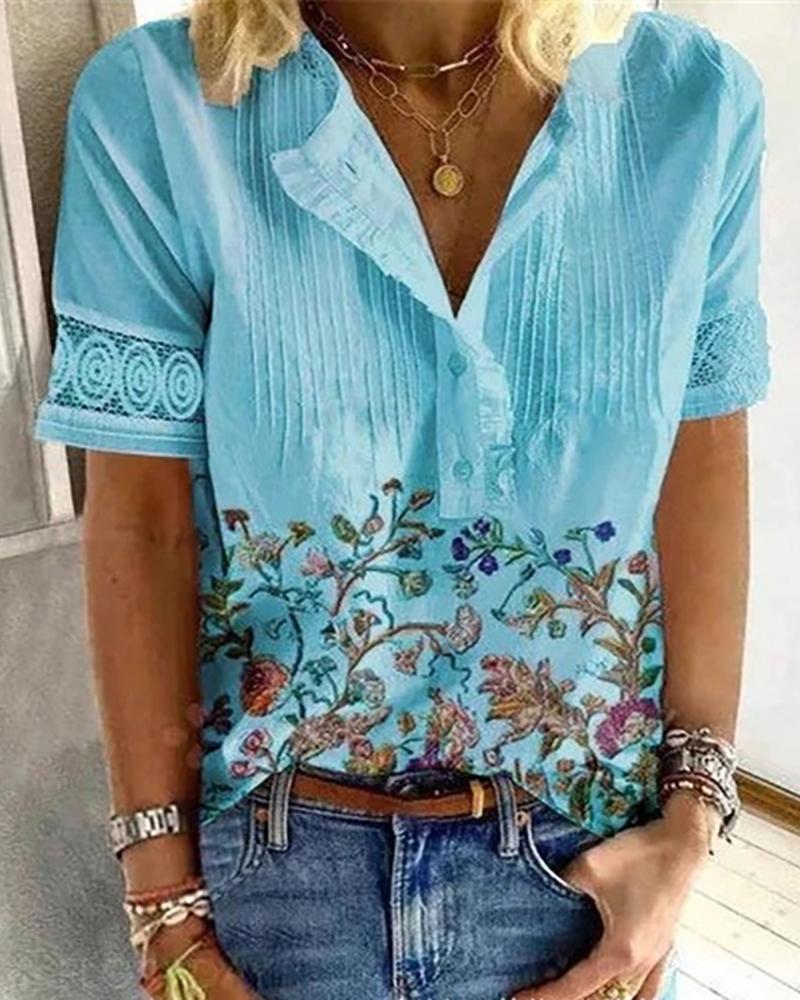 

Floral Print Frill Hem Lace Patch Top, Blue