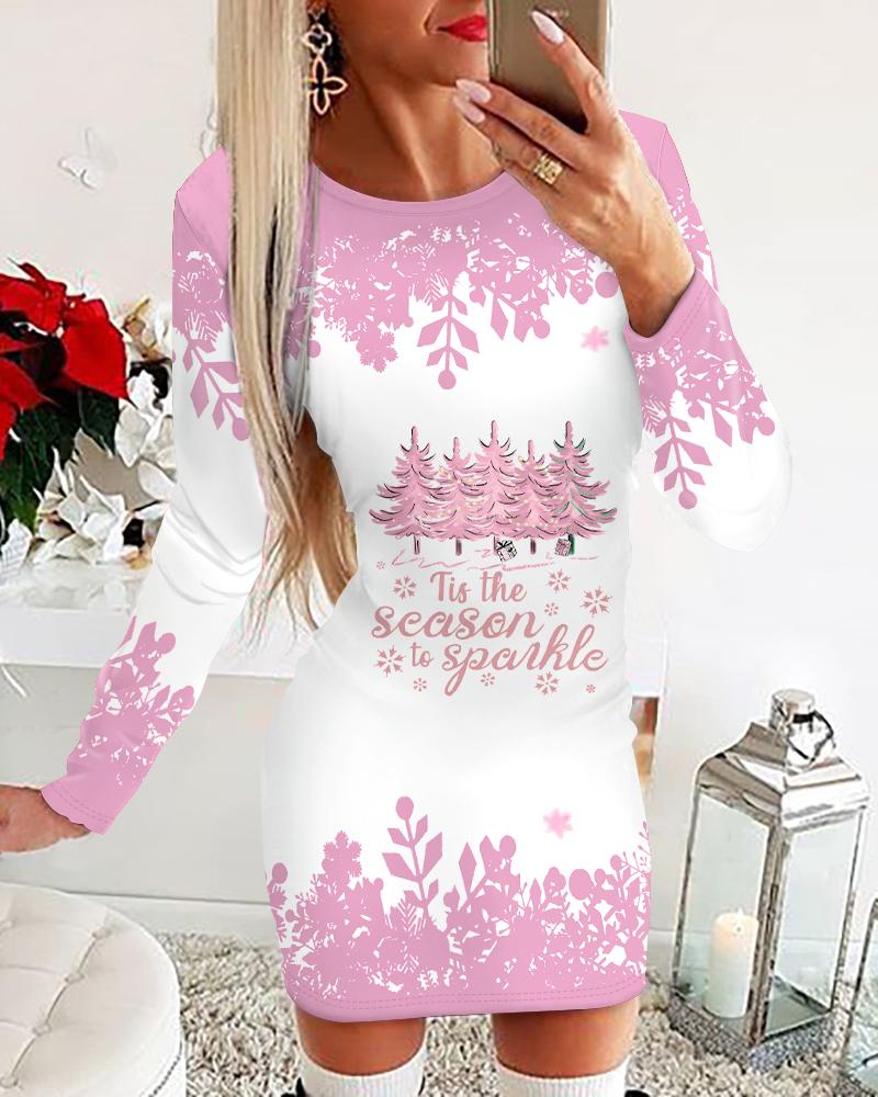 

Christmas Tis The Season To Sparkle Graphic Print Bodycon Dress, Pink