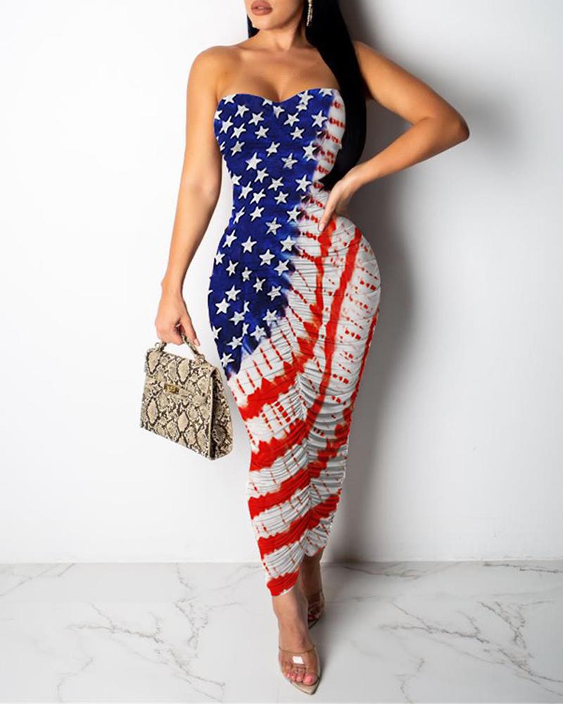 

Flag Print Bandeau Ruched Design Dress, Blue