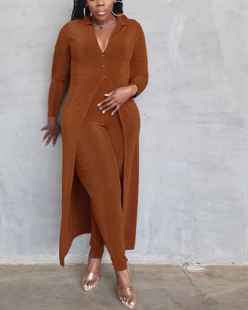 

Velvet Button Front Longline Cardigan & Pants Set, Brown