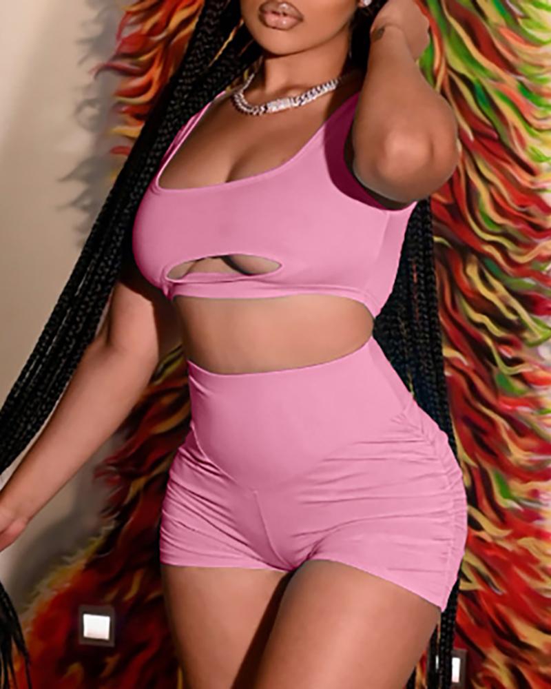 

Cutout Crop Tank Top & Ruched Butt Lifting Shorts Set, Pink