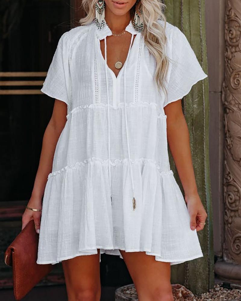 

Frill Hem Short Sleeve Drawstring Casual Dress, White