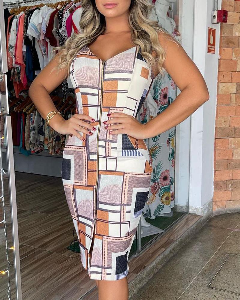 

Geometric Print Zipper Front Bodycon Dress, Style1