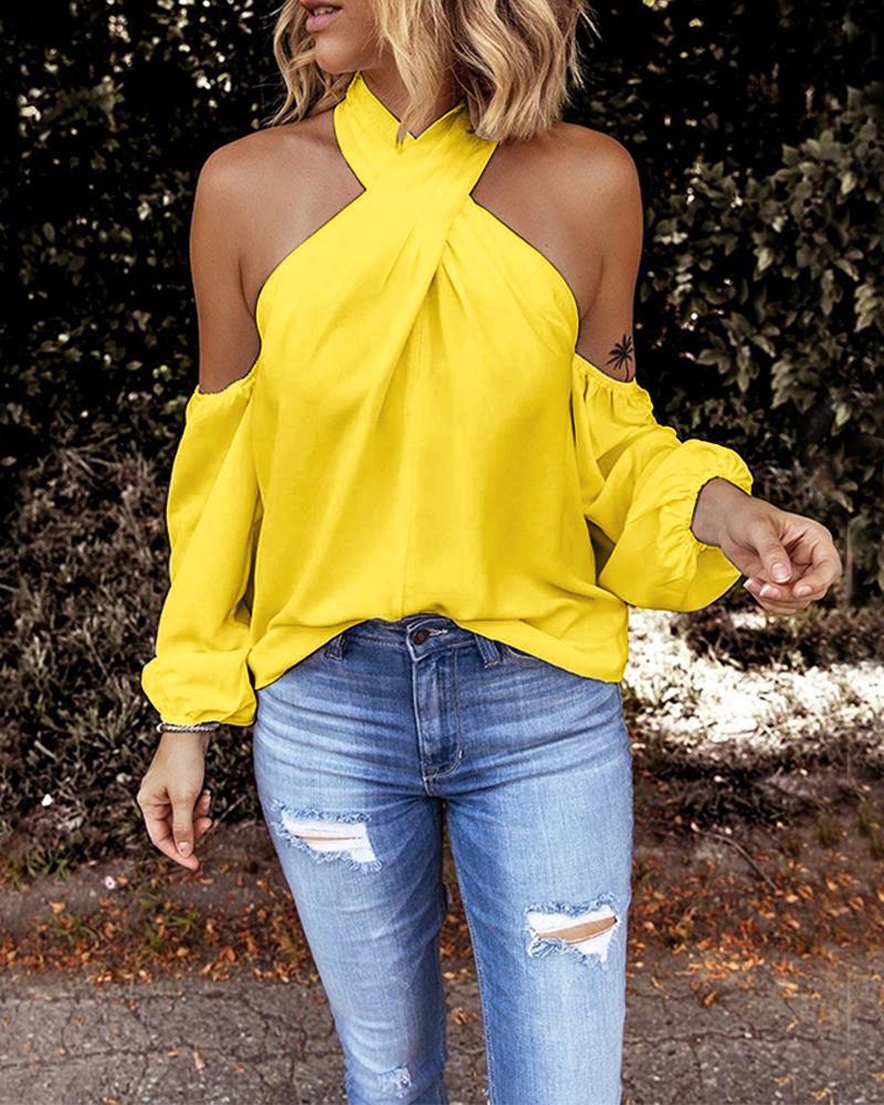 

Crisscross Halter Cold Shoulder Top, Yellow