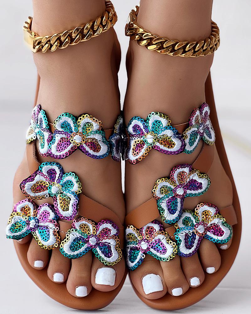 

Sequin Butterfly Embroidery Slippers Summer Sandals, Multicolor