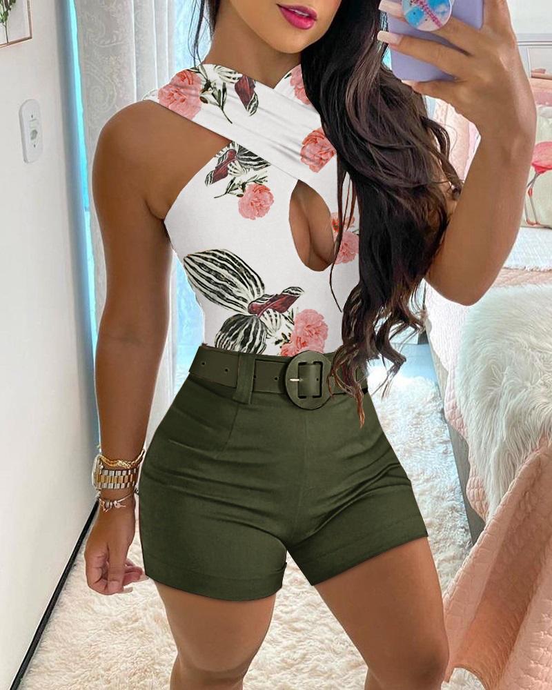 

Tropical Print Cutout Halter Top & High Waist Shorts Set, Green