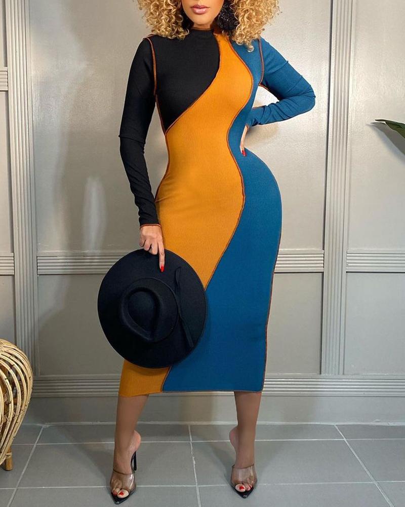 

Colorblock Contrast Piping Long Sleeve Dress, Multicolor