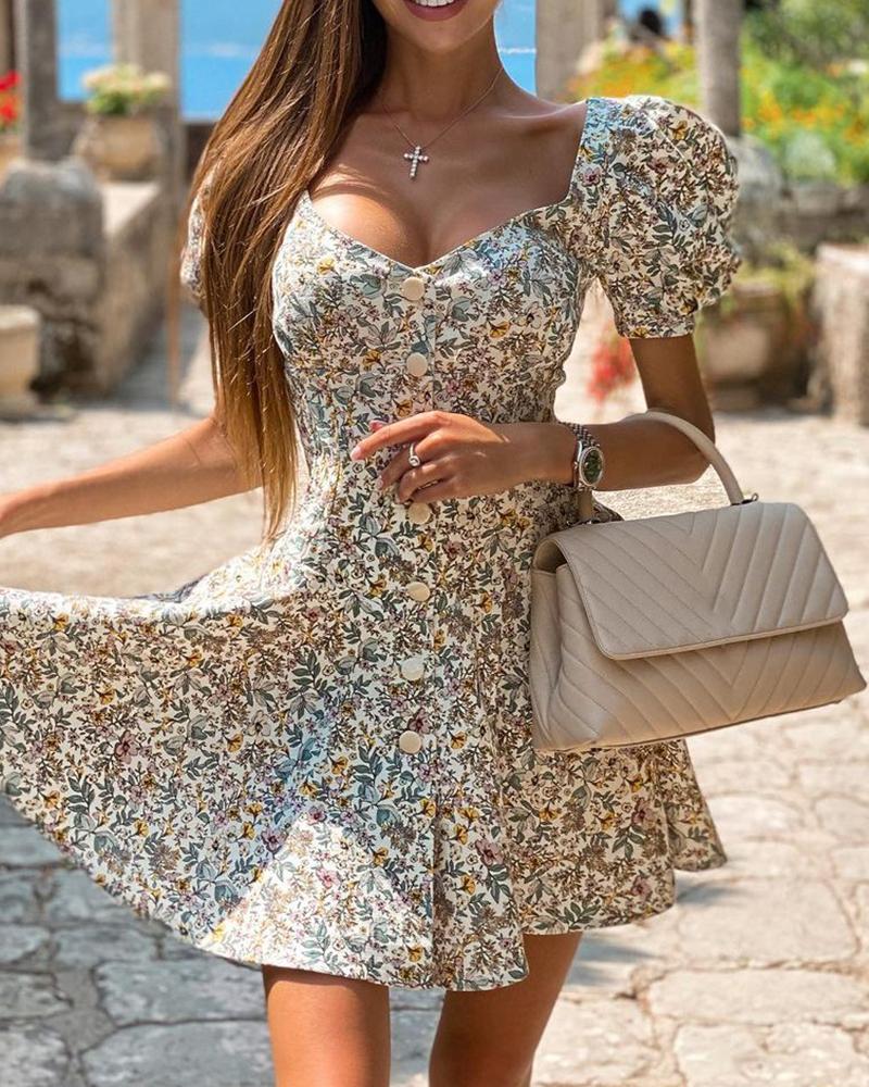 

Vestido de manga abullonada con botones en la parte delantera y estampado floral, White