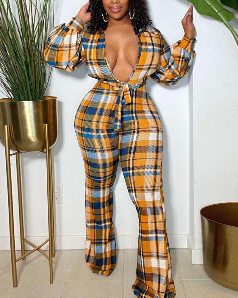 

Plaid Print Lantern Sleeve Belted Bootcut Jumpsuit, Yellow