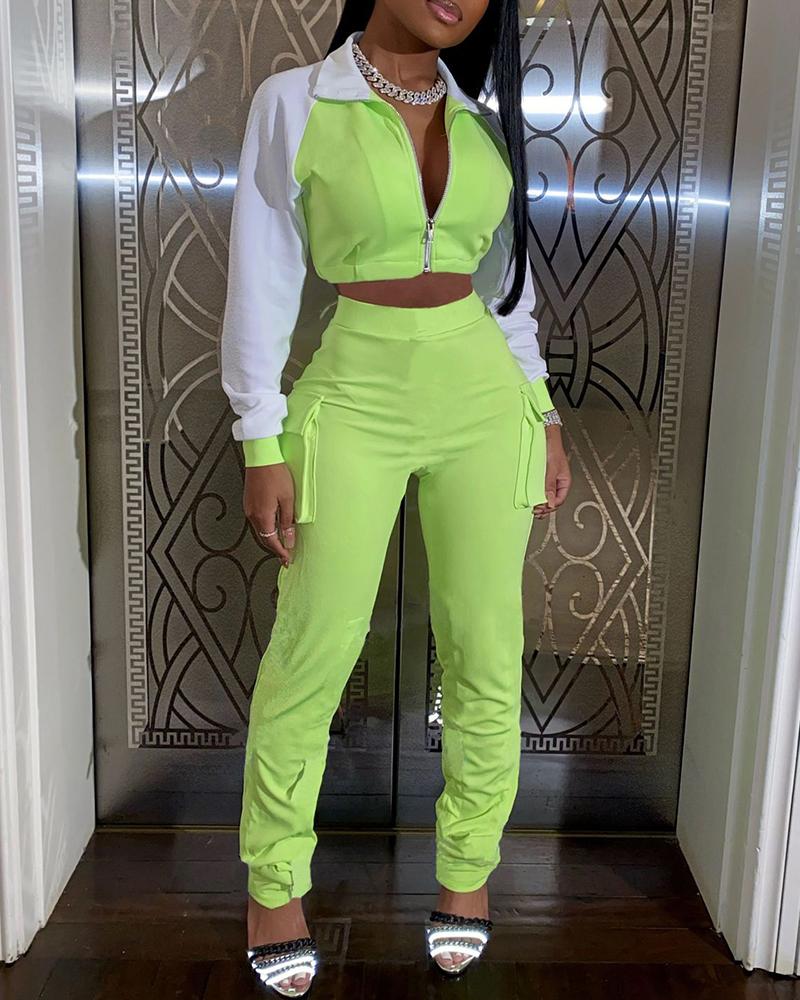 

Zip Colorblock Crop Top & Pocket Design Pants Set, Green