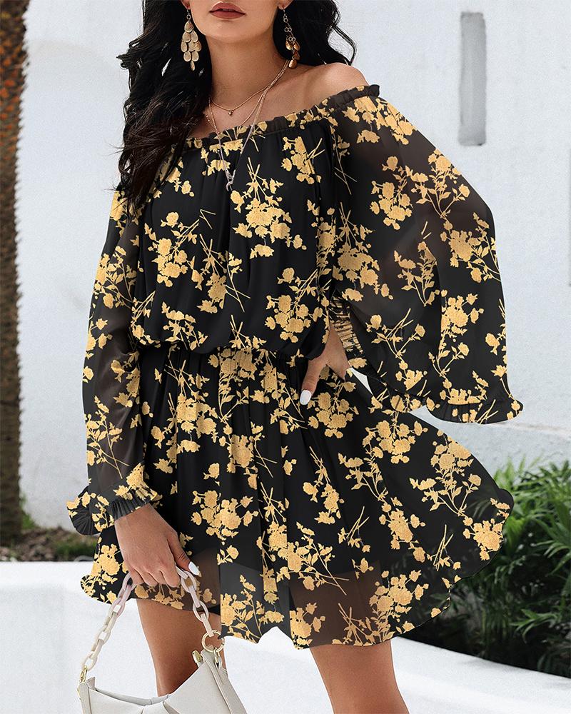 

Floral Print Off Shoulder Ruched Bell Sleeve Casual Dress, Black
