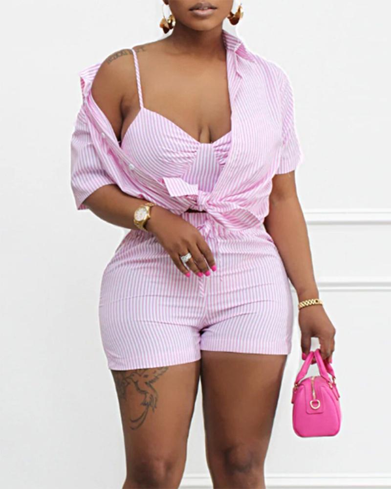 

Striped Padded Crop Top & Shorts Set With Shirt, Pink