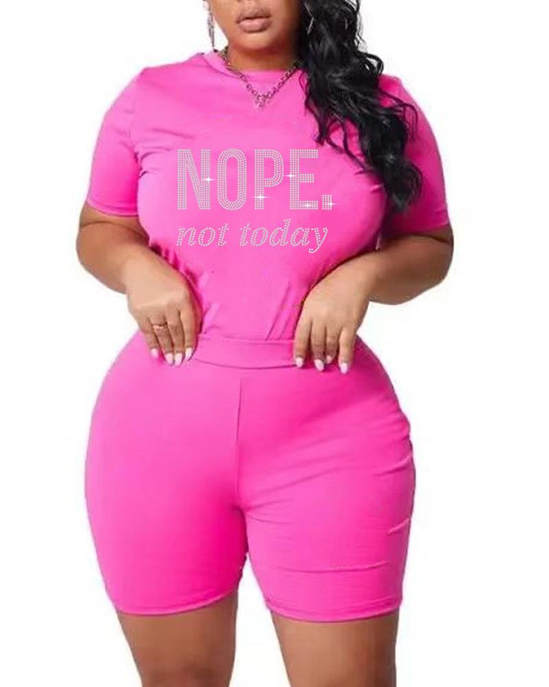 

Rhinestone Letter Pattern Short Sleeve T-shirt & Shorts Set, Pink