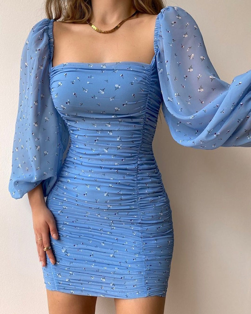 

Ditsy Print Lantern Sleeve Bodycon Dress, Blue