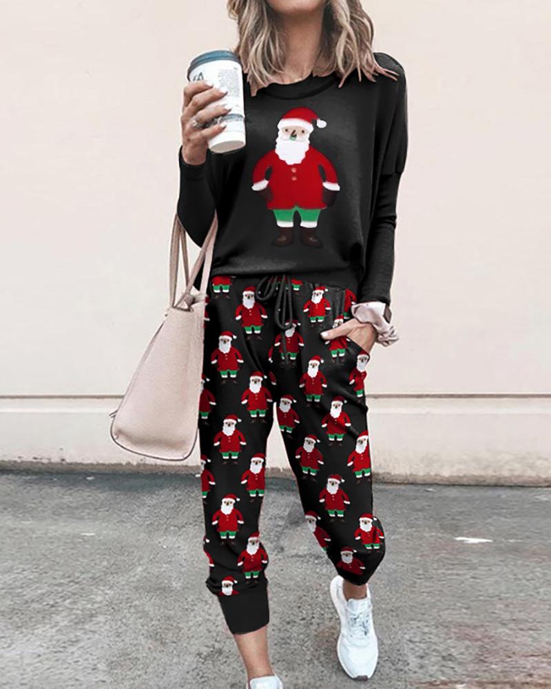 

Christmas Gnomes Svg Print Top & Drawstring Pants Set, Black